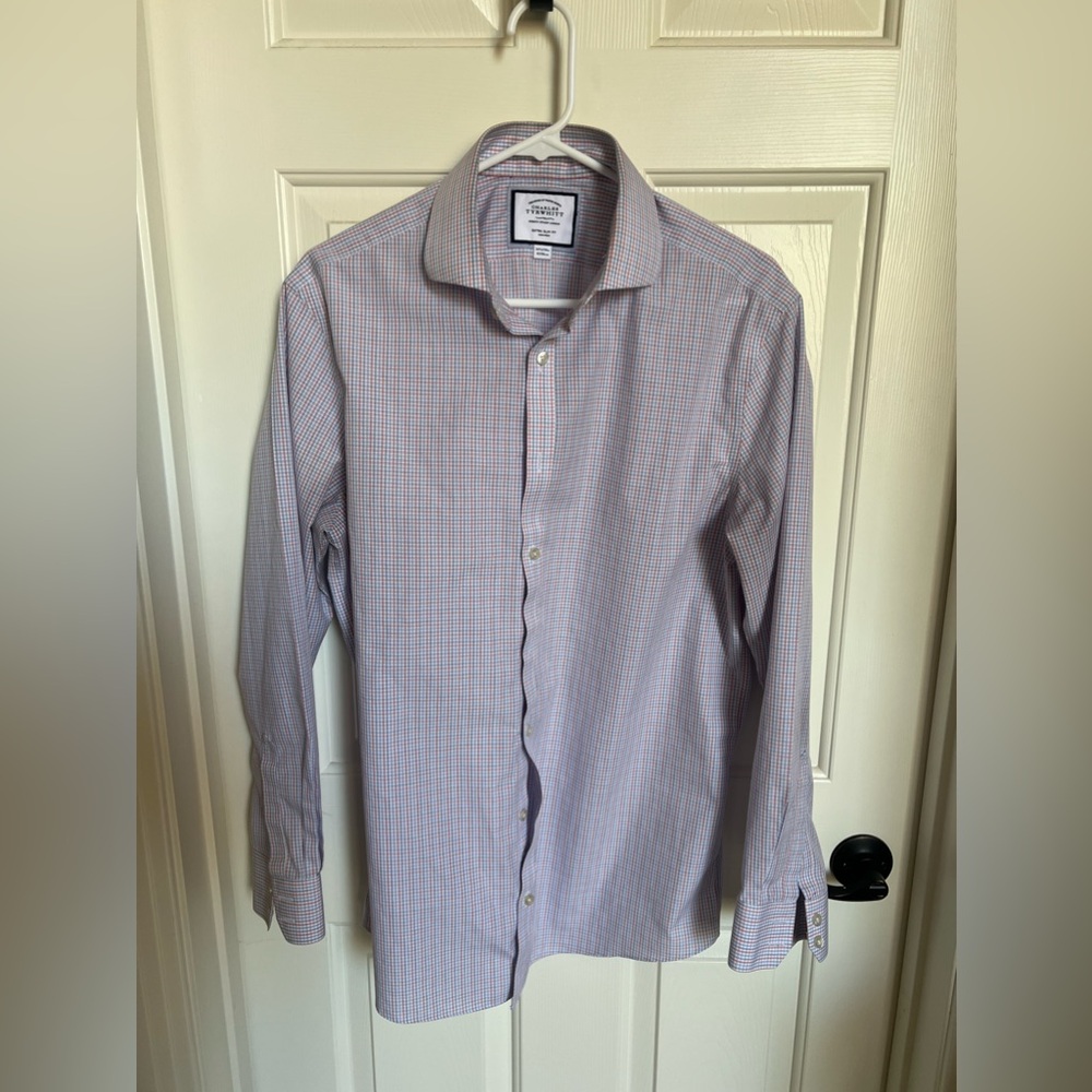 Charles Thyrwitt Shirt 
16.5 / 34 Extra Slim Fit 
Red and blue checkered